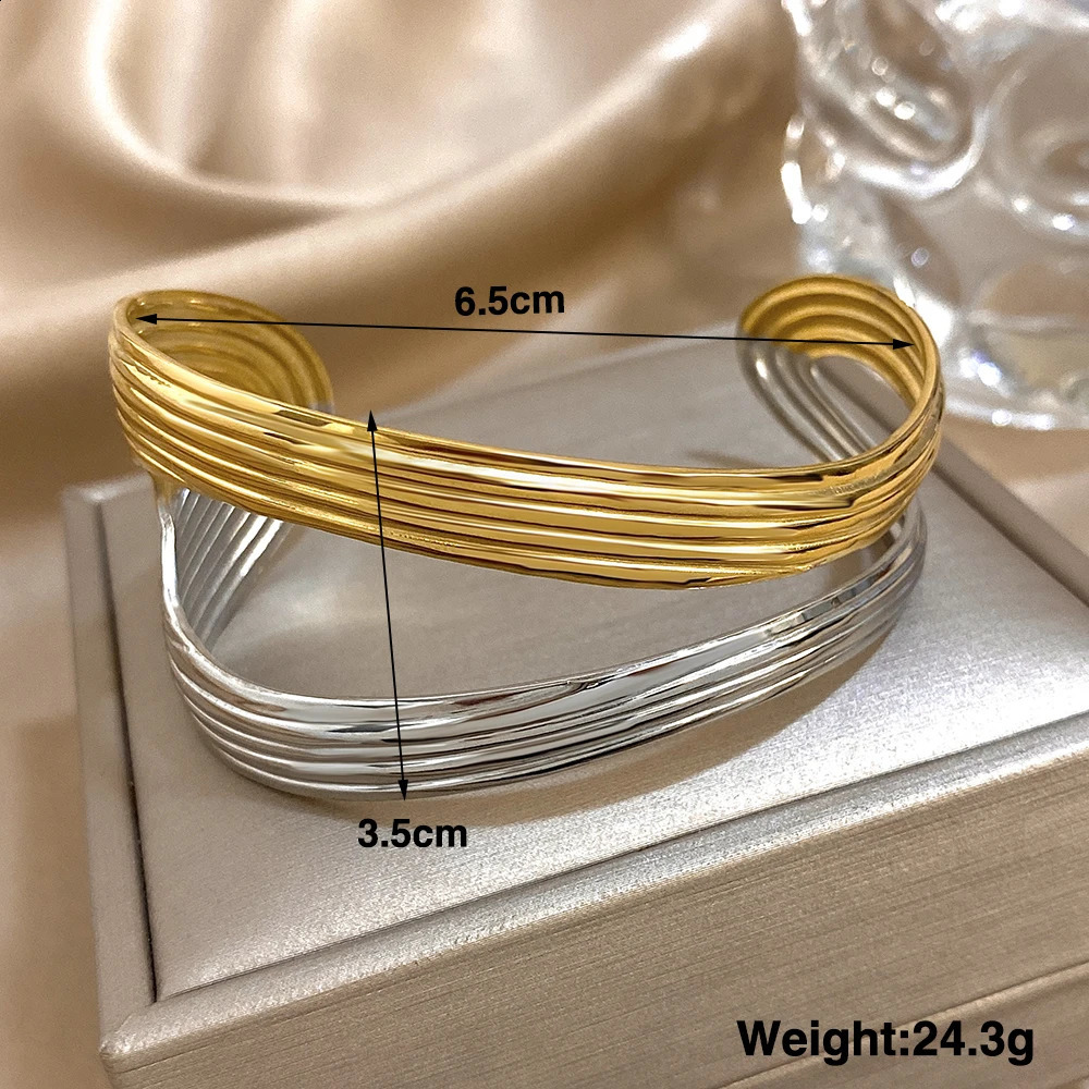 n Multilayer Hollow Out Open Stainless Steel Bangle for Women Wavy Wide Bangle Cuff Bracelet Lady Waterproof Jewelry 250812