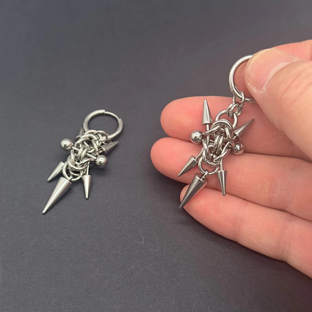 Gothic Stainless Steel Hoops Spike Piercing Long Dangle Earrings Handmade Punk y2k Chainmail Rivet Drop Earrings Rock Jewelry 250812