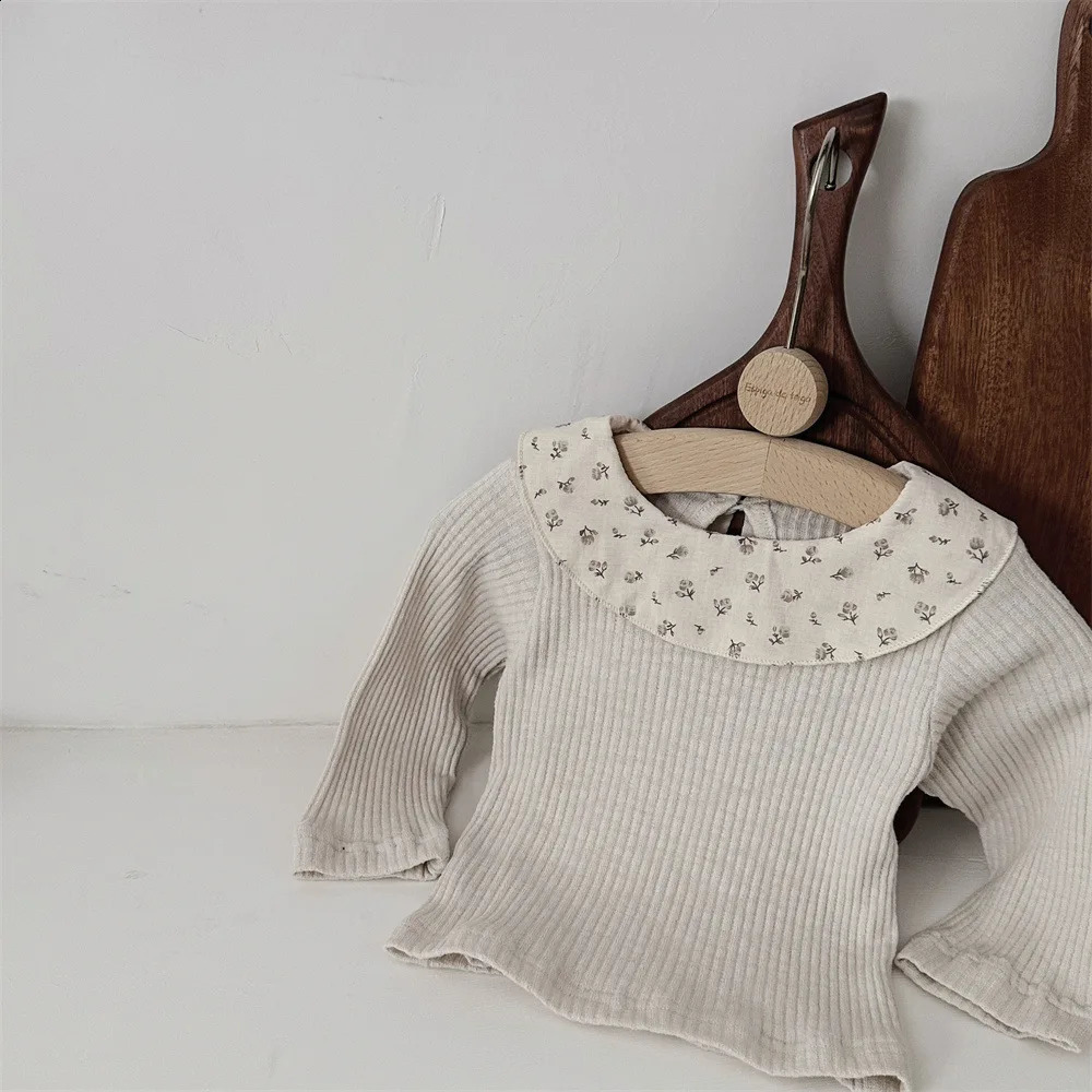 Autumn and Spring Baby Clothes Stripe Floral Lotus Leaf Collar Long Sleeved Top born Princess Inner Layer Bottom Shirt 250812