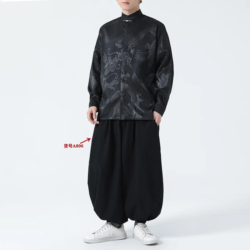 Chinese Style Dragon Printed Ice Silk Shirt For Men Casual Metal Buckle Dull Black Aesthetic Neutral Loosefit 250808