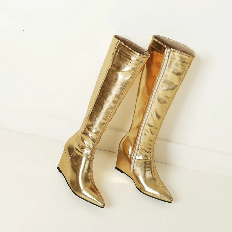 Metallic Golden Silver Pointed Toe Wedges High Heels Women Winter Fall Shoes Zipper Up Knee-high Stretch Sexy Shiny Boots 250812
