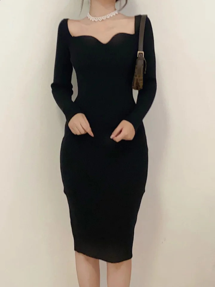 Vintage Harajuku Slim Sweater Dress Women Autumn Winter Long Sleeve Bodycon Knitted Midi Dresses Party Evening Club Female 250806