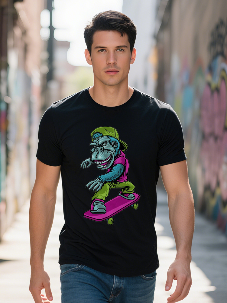 Playful Appeal Men's Casual Crew Neck T-Shirt Knit Fabric Regular Fit with Skateboarding Gorilla Graphic for