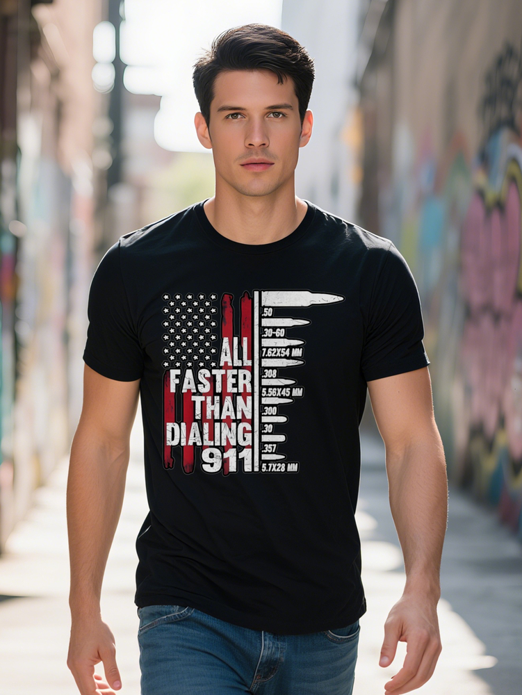 Men s Casual Crew Neck T Shirt with ALL FASTER THAN DIALING Graphic Print Black Bullet Flag Design Summer
