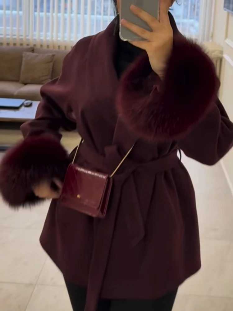 Elegant OL Office Lady Overcoats Fur Patchwork Long Sleeve Woolen Coat Beautiful Womens Clothing Jacket for Autumn 2025 and Spring Z250813