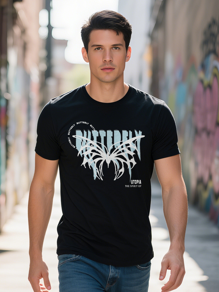 Men S Crew Neck T-Shirt with Intricate White Blue Autopia This Symphony of Text Soft Stretch Fabric Perfect for