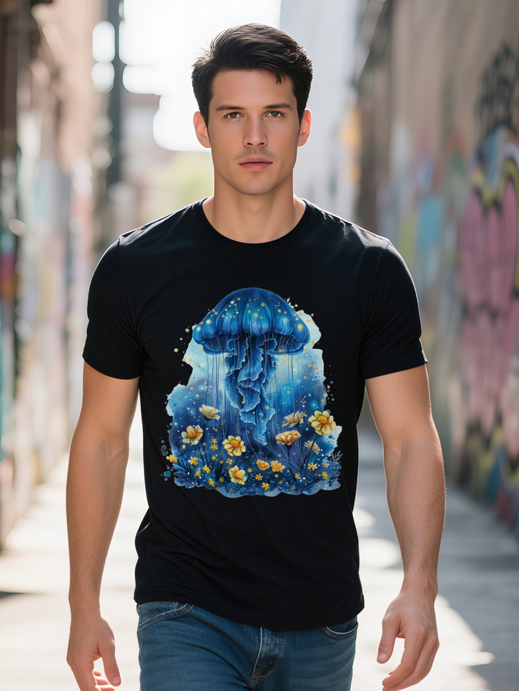 Men S Casual Crew Neck T-Shirt with Vibrant Blue and Design Soft Fabric Summer Style Perfect Gift for Him Everyday