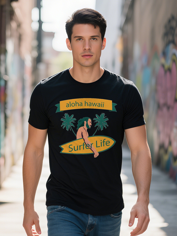 Men S Surf Life T-Shirt Black Crew Neck with Surfing Illustration Palm Trees Hawaiian Text Design Perfect Gift for