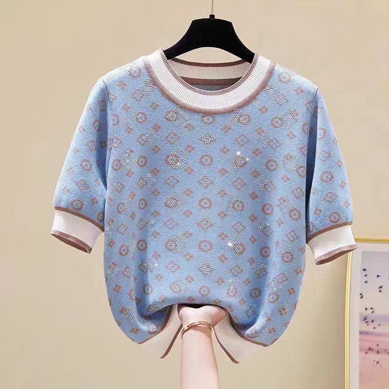 Women's Summer Short-Sleeve T-Shirt with Rhinestone Embellished Print Xiaoxiangfeng Knitted Fabric
