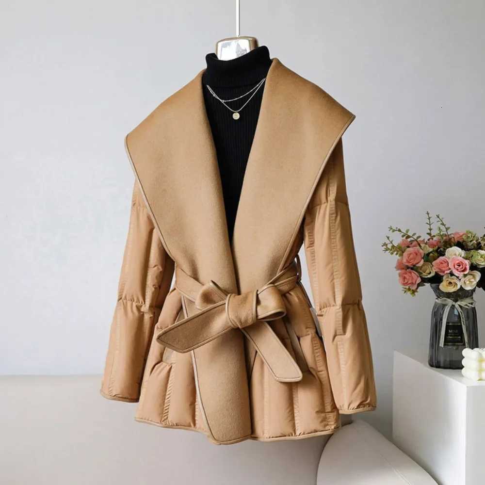 Lady Wool Cashmere Outerwear Lady Puffer Jacket With Belt European Fashion Warm Down Jackets Women 2024 Winter Duck Down Coats Z250813