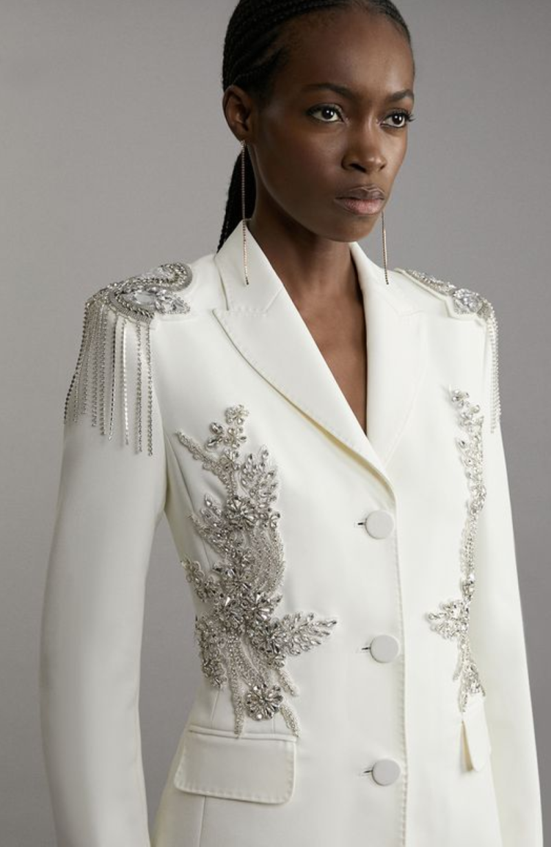 Elegant One Piece Women Long Skirt Customized Five Buttons Crystal Beading Jacket Blazers Slim Fit Business Office Ladies Work Wear