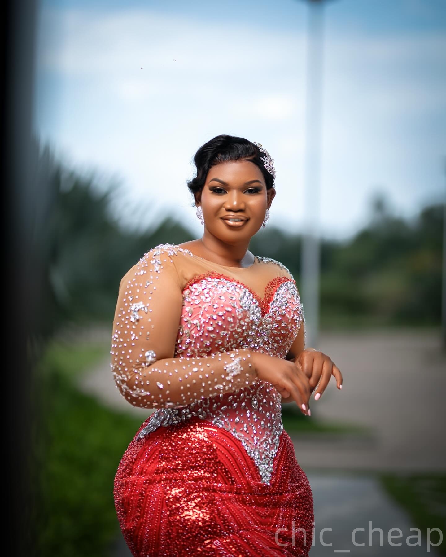 Mermaid Red Prom Dresses 2025 Beaded Crystals Luxurious Full Sleeves Evening Formal Party Second Birthday Engagement Gowns Plus Size Dress For Special