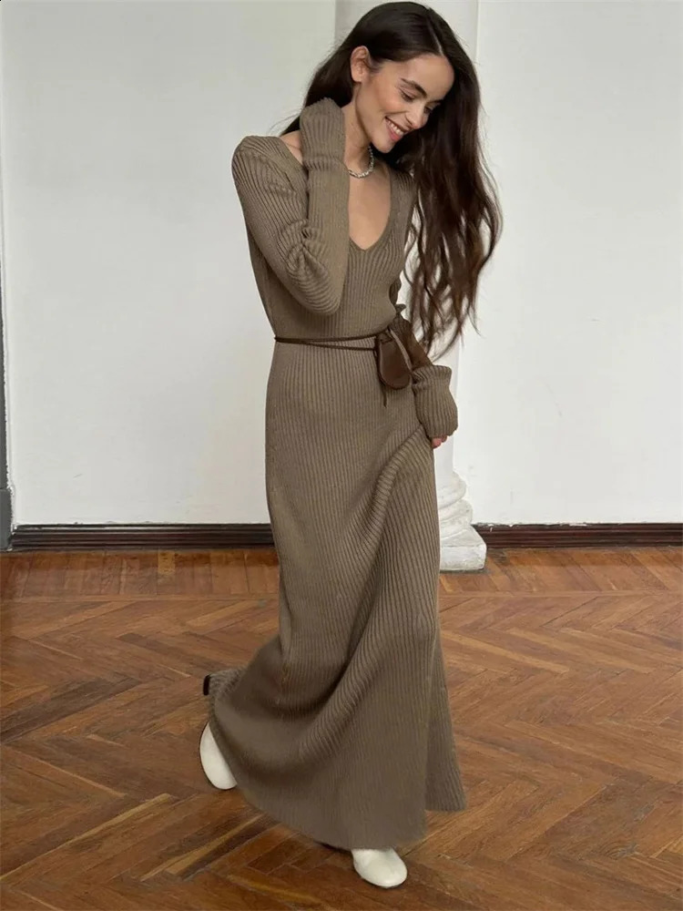 Tossy Ribbed Knit Loose Maxi Dress Female V-Neck Patchwork High Waist Casual Party Dress Clothes Womens Knitwear Dress 250805