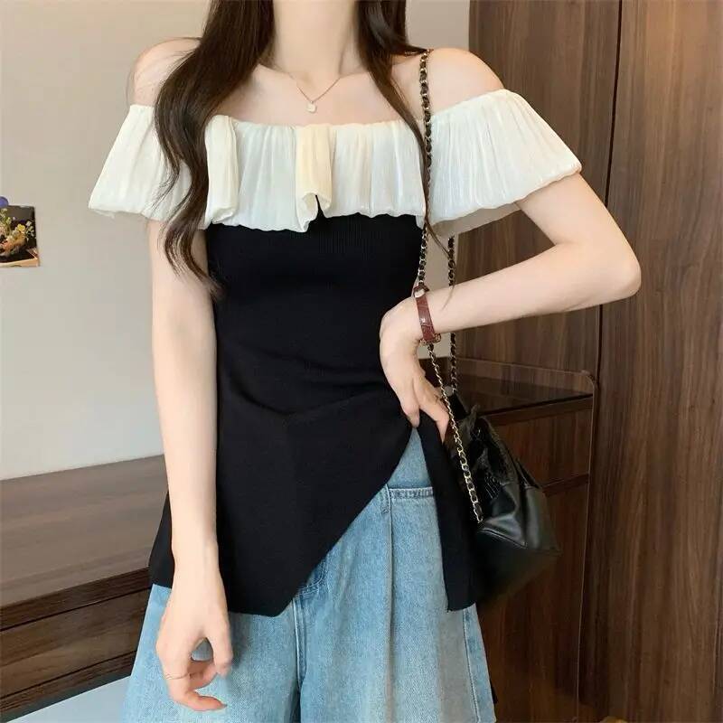 2025 Summer Fashion Casual Patch Color blocked design Slant Neck Women's Full Match Temperament Short Sleeve Slimming Top T-shirt Designer Top