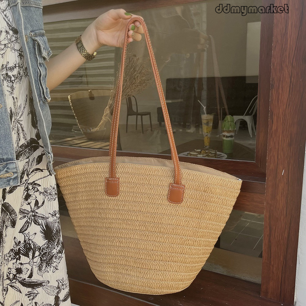 Straw for Women, Large Capacity Summer Vacation Beach Bucket Bag, Mori Girl Literary Tote Woven Bag ddmymarket