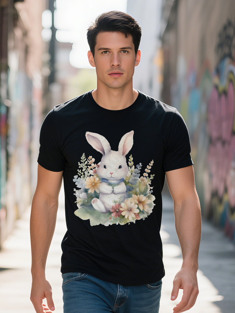 s Crew Neck T Shirt with Adorable Bunny Floral Print Soft Fabric Short Sleeve Style Perfect Gift for Men