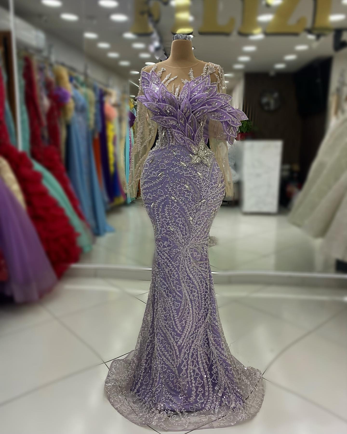 Lilac Mermaid Prom Dresses 2025 Crystals Florals Full Sleeves Evening Formal Party Second Birthday Engagement Gowns Plus Size Dress For Special Occasi