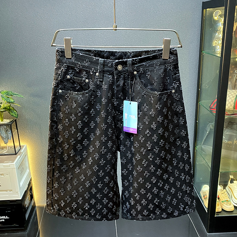 Men's Knee-Length Shorts - Loose Fit Denim Style, Wide Leg Casual Five-Pocket Pants with Perforated Jacquard, Perfect for Summer
