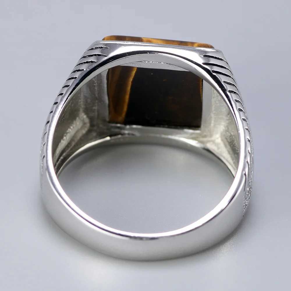 Authentic Sterling Silver 925 Man Ring With Tiger Eyes Fine Jewelry Stripe Pattern Natural Stone Cool Retro Punk Rings W250812