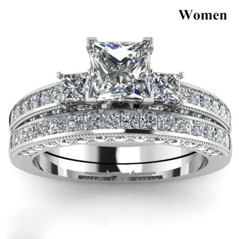 Fashion Couple Rings Mens CZ Stainless Steel Ring Women Square Cut Crystal Rhinestone Rings Set Wedding Engagement Jewelry W250812