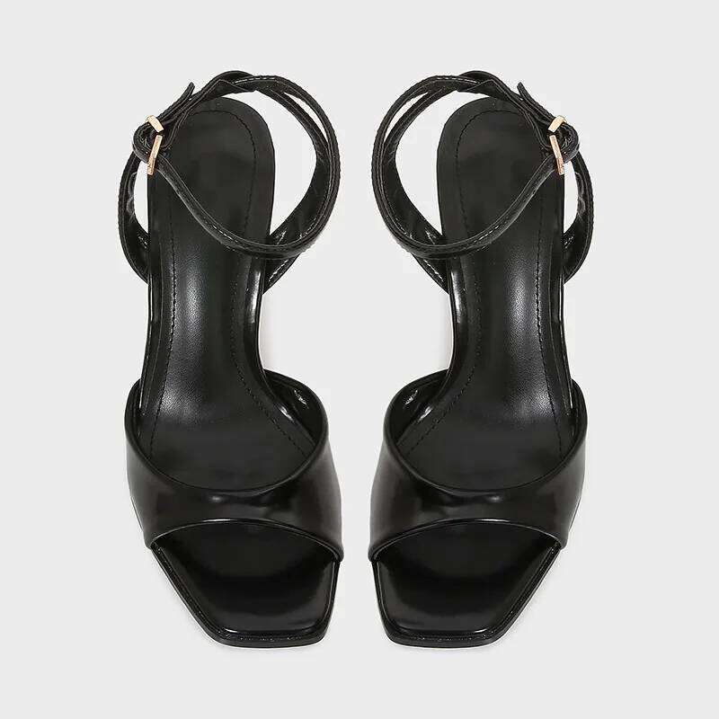 Black Patent Leather Ankle Strap Buckle Heeled Sandals Women Sexy Square Open Toe High Heels Summer Elegant Party Office Shoes