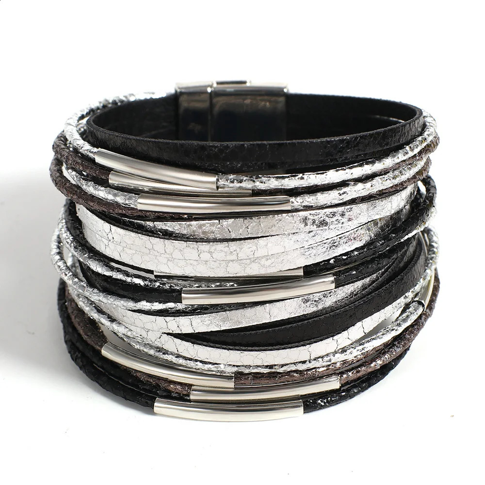 ALLYES Trendy Metal Tube Leather Bracelet for Women Men Chunky Glitter Filled Slim Multilayer Wrap Wide Bracelets Party Jewelry 250812