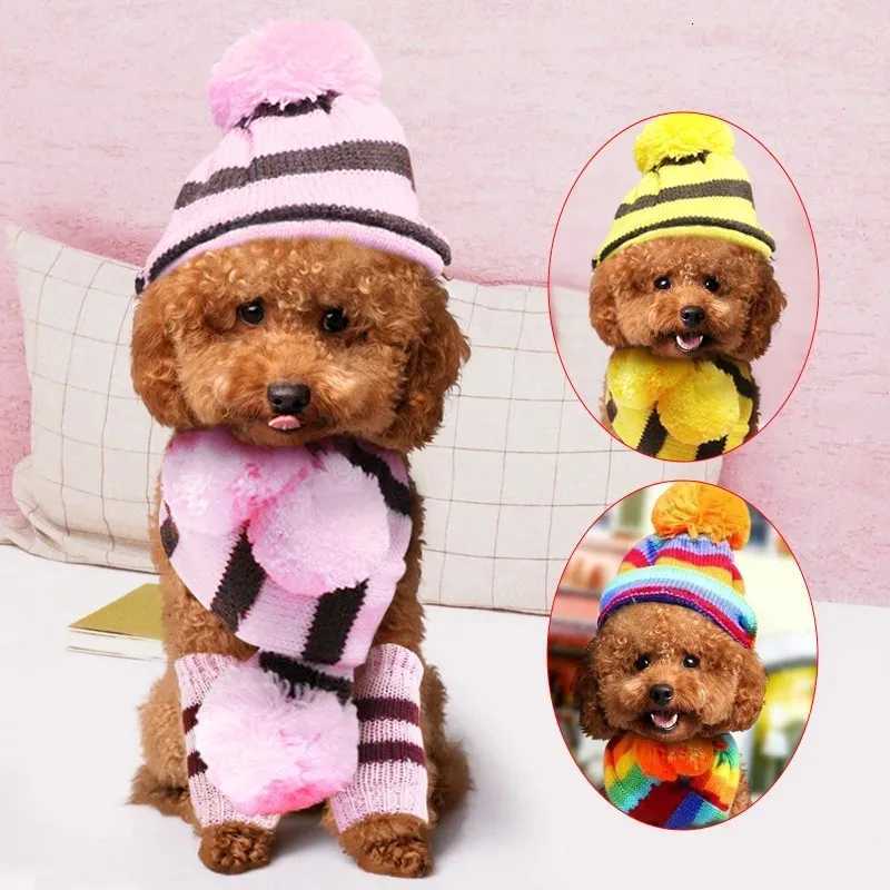 Dog Winter Wear 1 Set (hat+scarf+leg Warmers) Rainbow Stripe Knitted Dog Scarf Winter Warm Hat Footwear Sloves Pet ClothesXJ250813