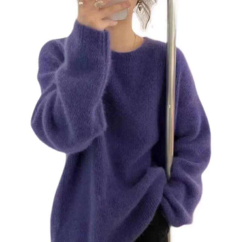 Autumn Winter Europe United States Fan100% Cashmere Women's Crewneck Thick Bottom Loose Pullover Knitted Sweater 250813