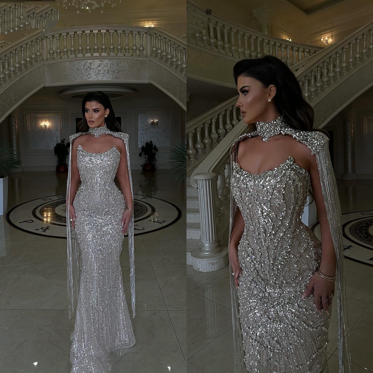 Glitter Silver Mermaid Wedding Dress Dubai Long Cape Crystal Beading Bridal Gowns Robe de mariee Customized