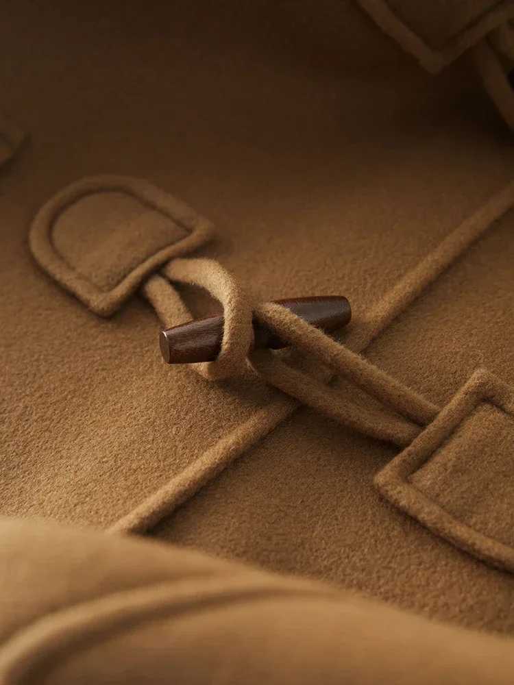 100% Wool Double-sided Woolen Coat with Horn Buttons Temperament Camel Mid Length Straight Coat Office Lady Neck Wool Jacket Z250813
