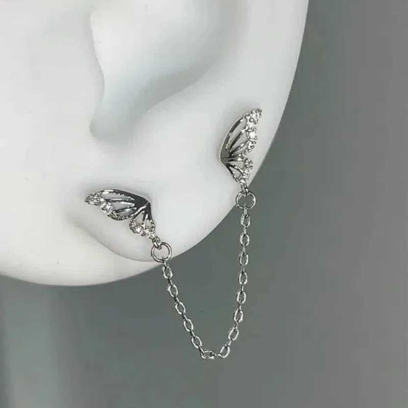1PCS Sliver Color Butterfly Wing Chain Double Ear Hole Medical Titanium Steel Ear Bone Y2K Earring for Women Y250812