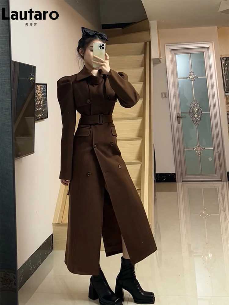 Lautaro Autumn Winter Extra Long Black Elegant Fitted Woolen Coat Women Puff Sleeve Belt Designer Clothes 2023 Z250813