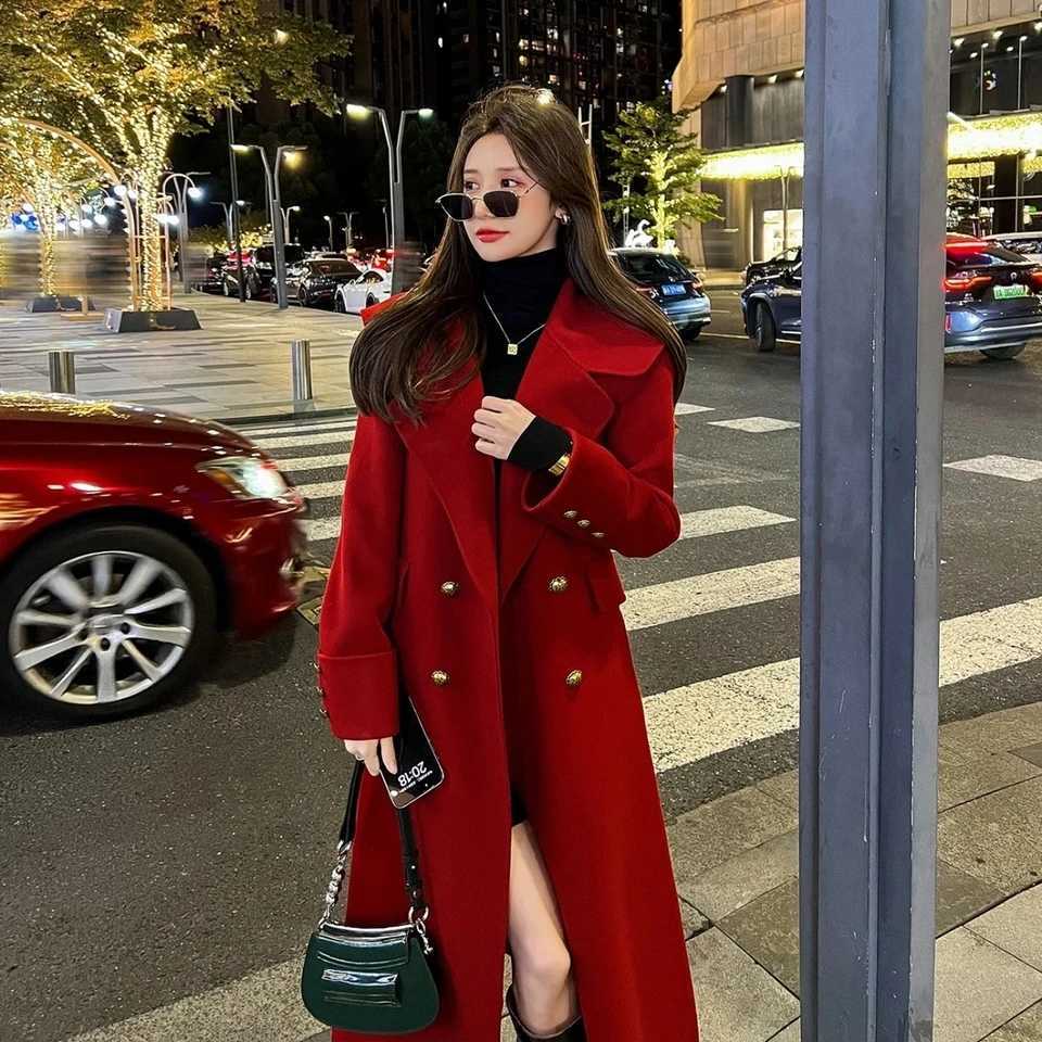 2024 Autumn Winter Female Medium Long Styles Outerwear Korean Ladies Long Sleeves Woolen Top Women Solid Color Wool Blend Jacket Z250813