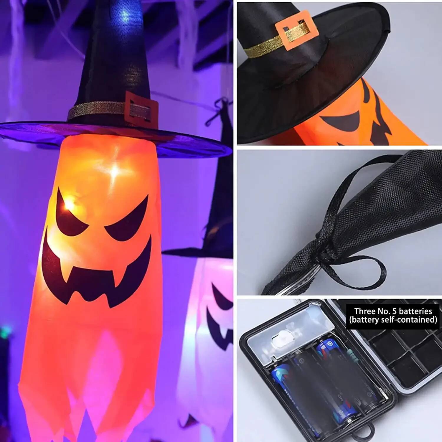 Decorations Outdoor 5 PCS Hanging Halloween Lighted Glowing Ghost Witch Hat with LED String Lights for Party Garden ddmynov