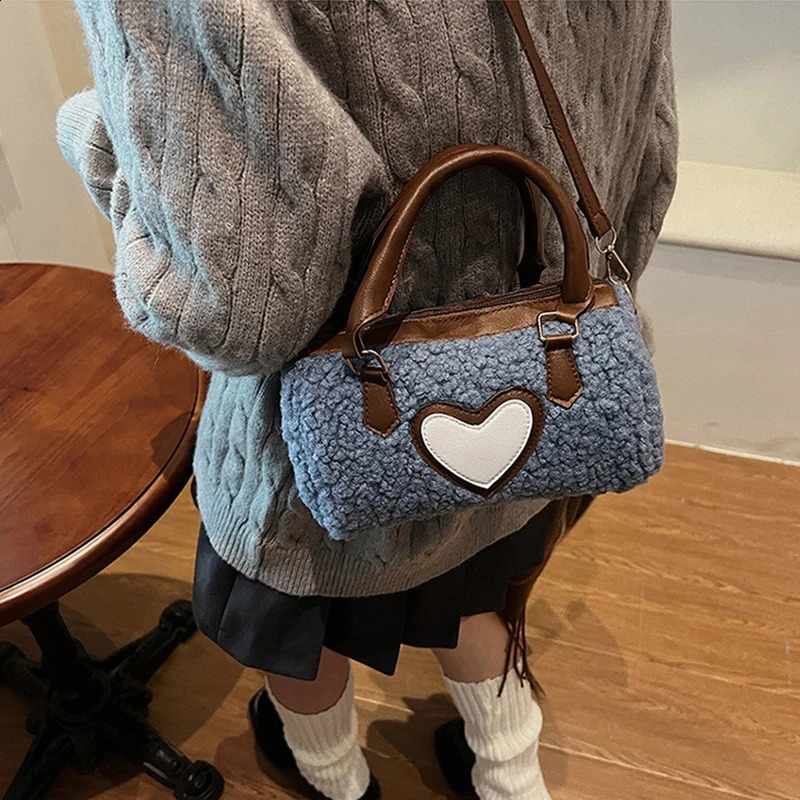 Lambswool Heart Splicing Shoulder Bag For Women Plush Handheld Small Cylindrical Bag Niche Crossbody Bag Handbag 250809
