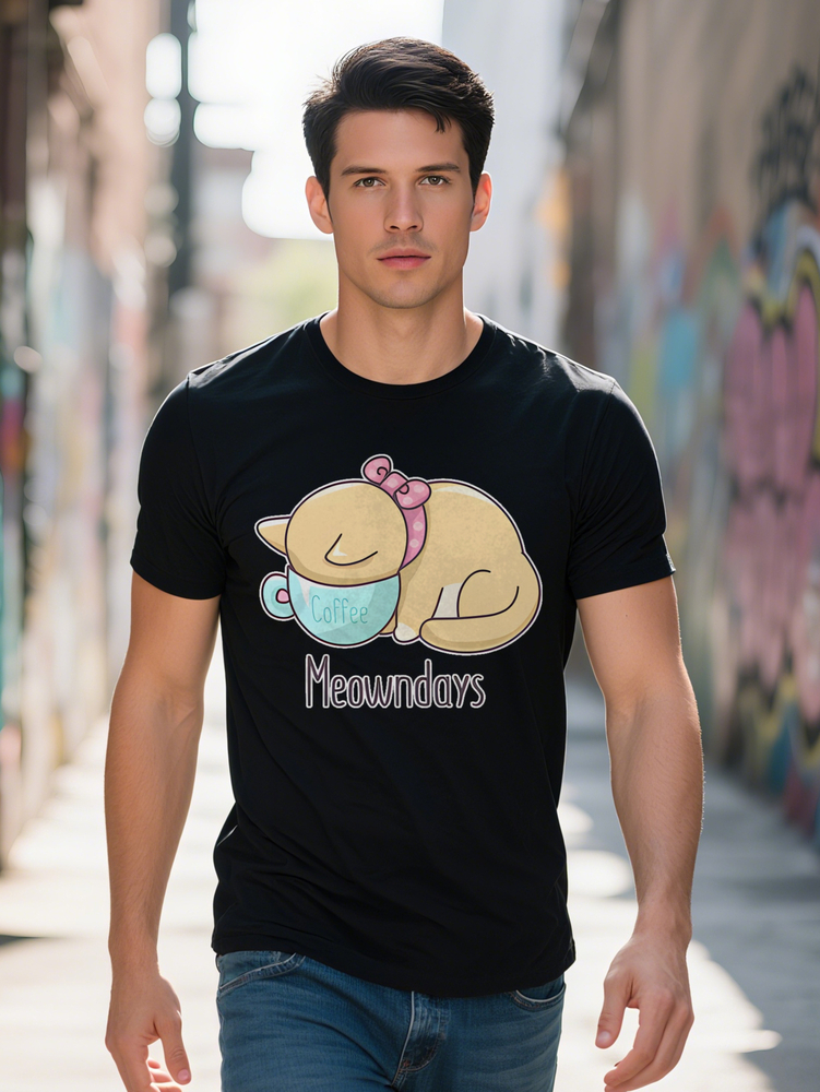 Men S Casual Crew Neck T-Shirt with Yellow Pink Bow Design Coffee Meowndays Print Soft Stretch Fabric Perfect for