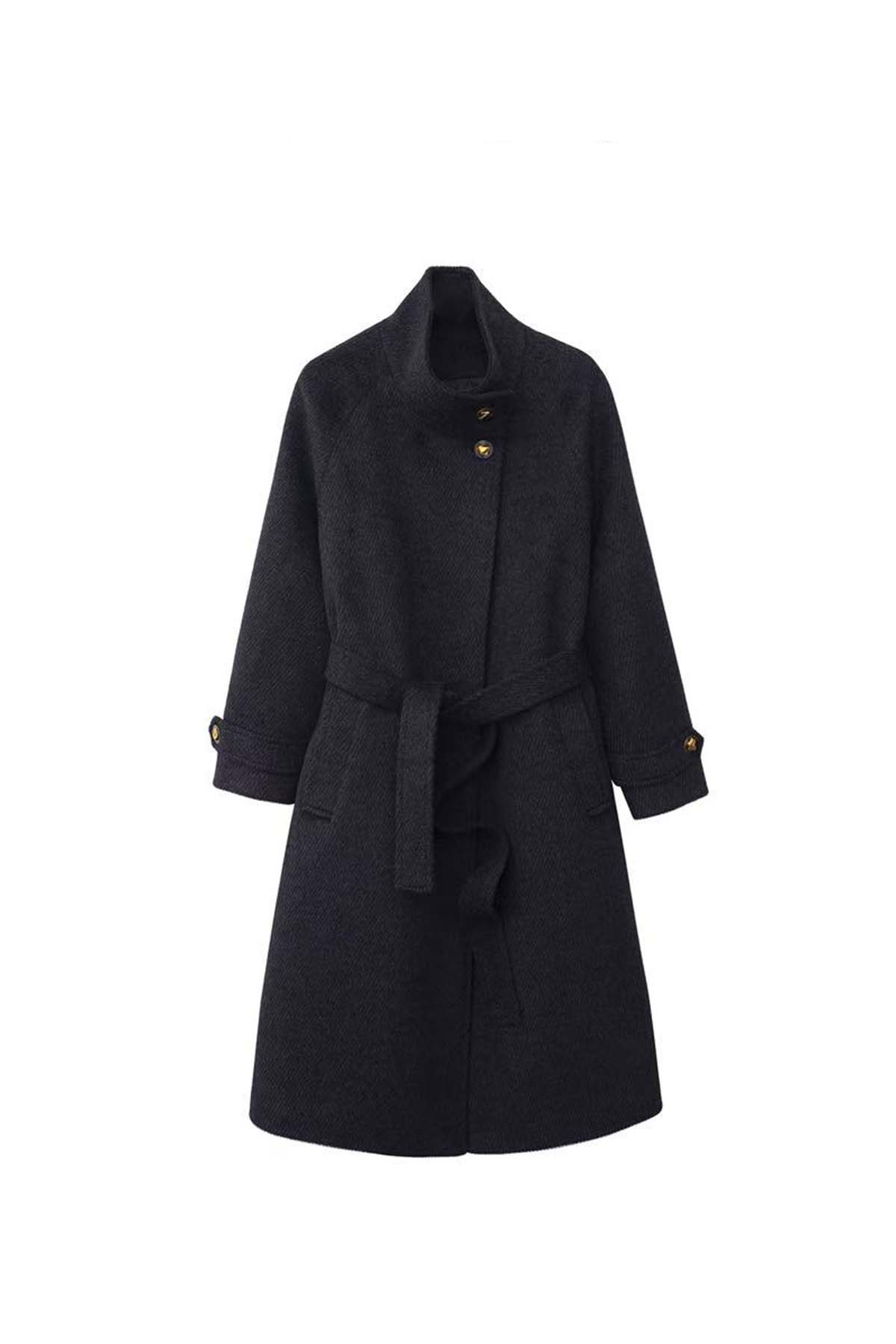 Women's New Stand Collar Long Wool Coat with Belt - Double-Sided Fleece