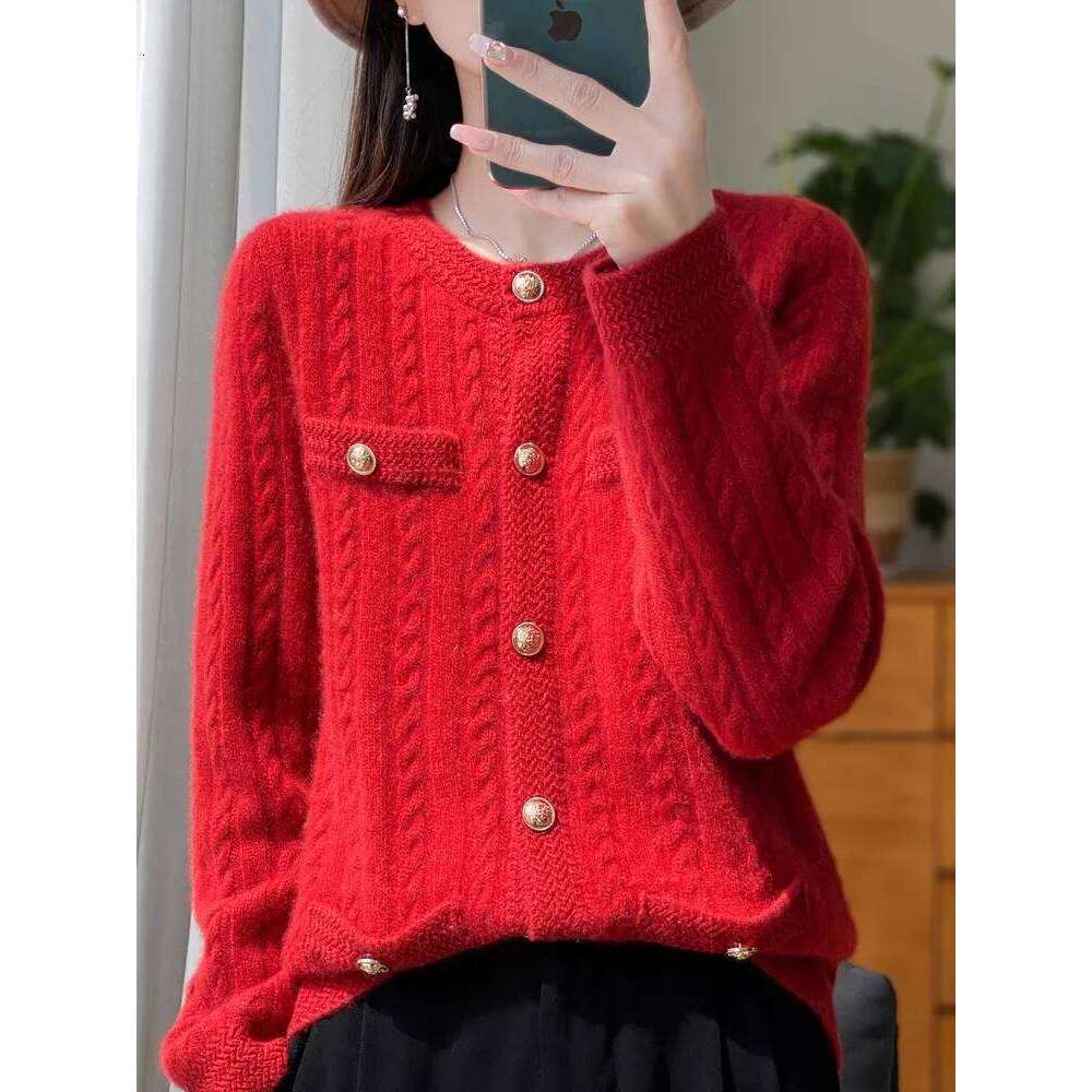 Women O-Neck Cardigan Office Lady Cable Knitting Sweater Autumn Winter Thick Long Sleeve 100% Merino Wool Knitwear Tops 250813