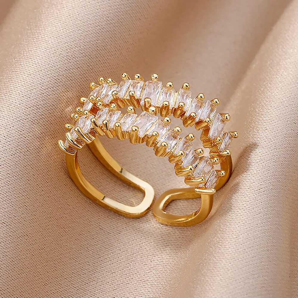 Double Layer Zircon Rings for Women Adjustable Gold Plated Stainless Steel Ring 2023 Trending Wedding Aesthetic Jewelry Earrings W250812