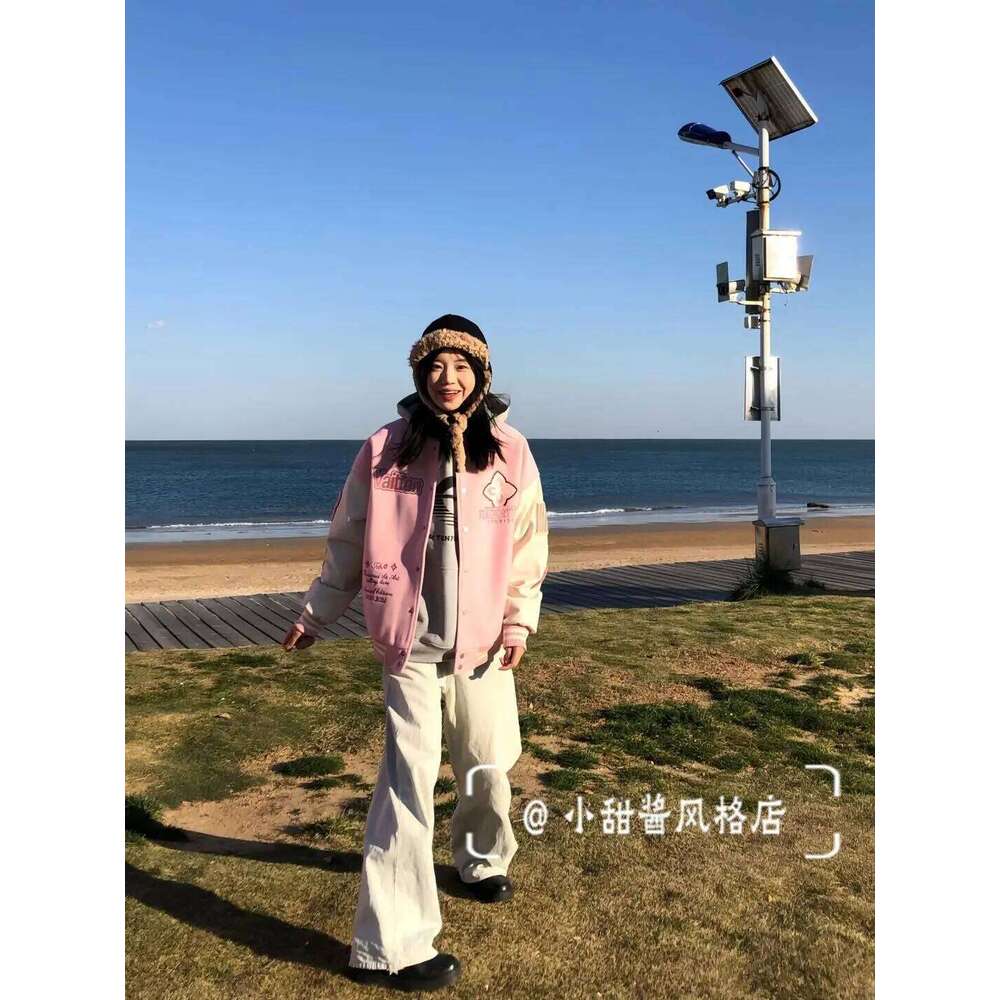 2025 Girly Korean Academy pink baseball uniform for women INS spring sweet girl splicing embroidery trendy jacket