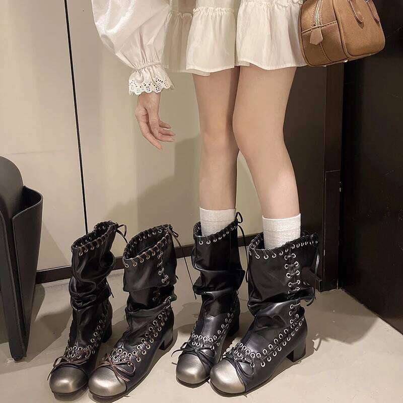 Square Toe Lace-Up Bow Pleated Fashion Vintage Block Heel Mid-Leg Boots for Women