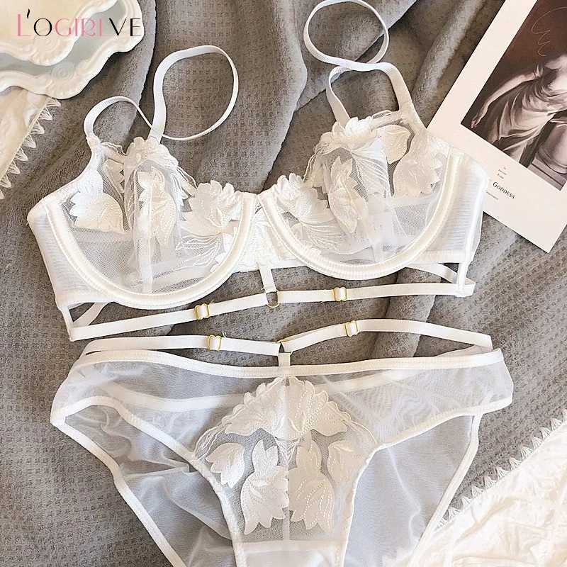 Logirlve Top Women Lace Underwear Set Embroidery Bra Set Ultrathin B C D Cup Brassiere Transparent Bra Push Up Sexy Lingerie setXJ250812