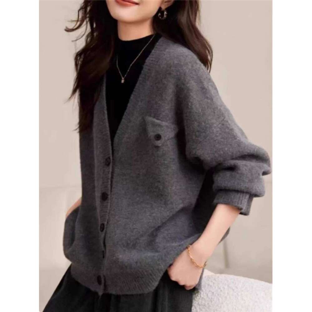 Korean Cashmere Knit Cardigan Mid-Length Female Spring And Autumn Loose Sweater Coat Temperament Wool Outside MDNG 250730 20250811