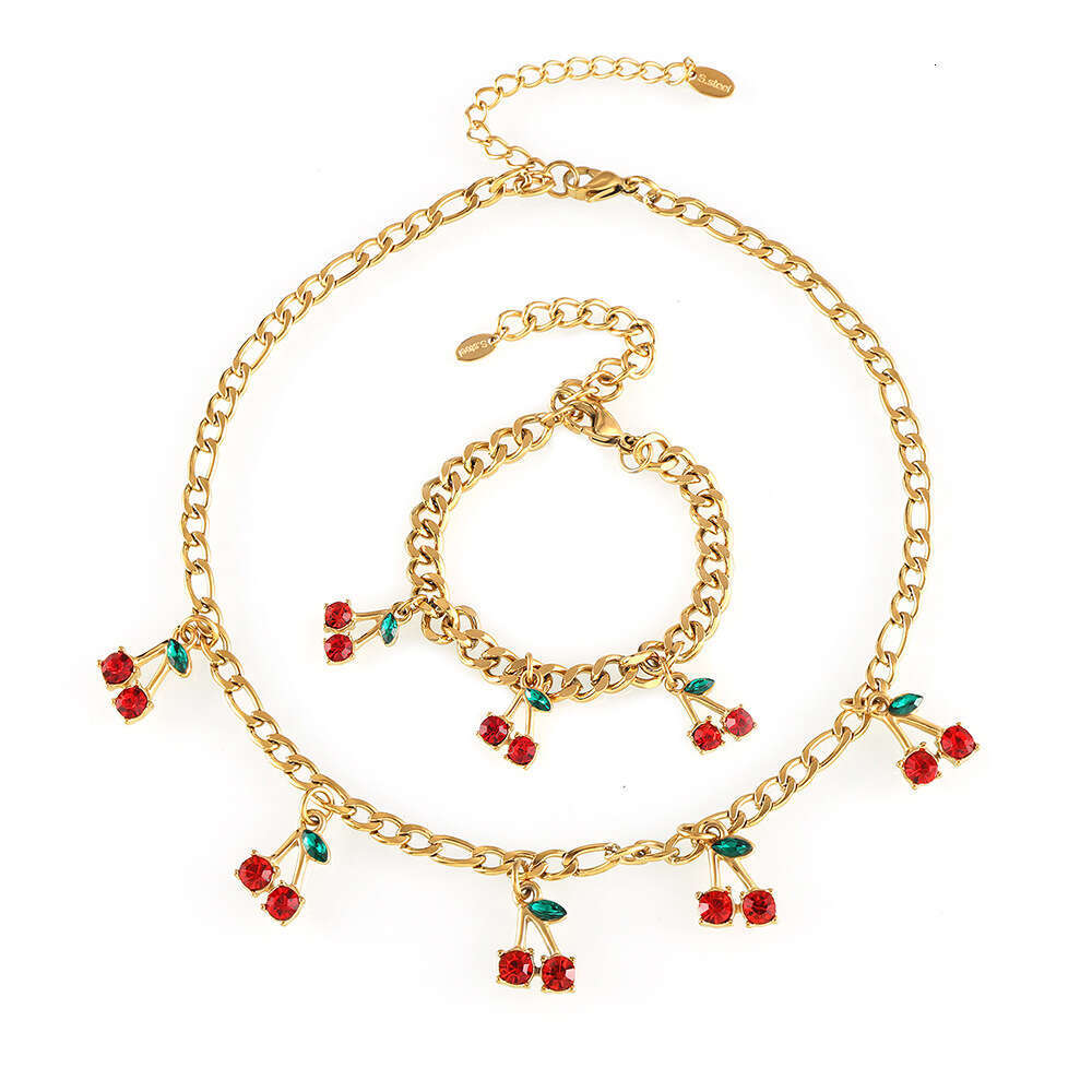 Fashionable and Elegant Glass Stone Red Cherry Jewelry Set Trendy Accessories Simple Necklace Bracelet