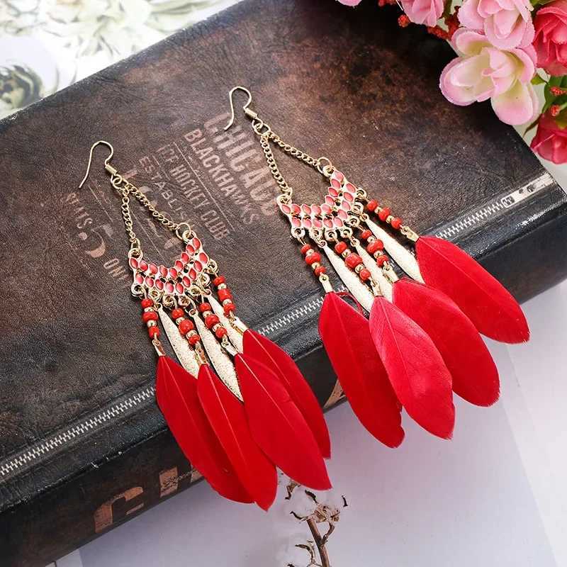 Bohemian Ethnic Feather Dangle Earrings For Women Trendy Long Tassel Colorful Beads Drop Earrings Girl Female Boho Jewelry Y250812