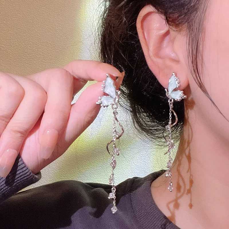S925 Silver Needle Blue Color Drip Glaze Butterfly Imitation Pearl Long Tassel Earrings for Women Trendy Earrings Travel Gift Y250812