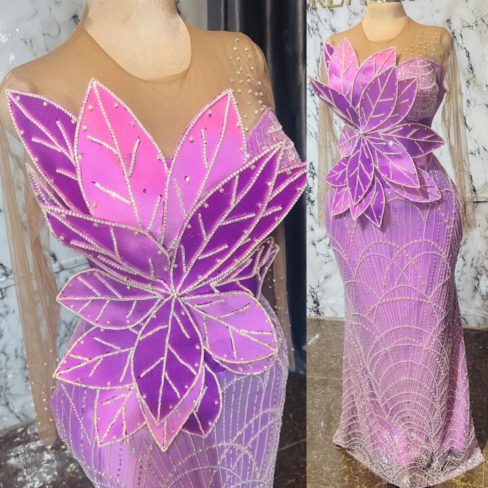 Lilac Sheath Prom Dresses 2025 Florals Crystals Sheer Neck Evening Formal Party Second Birthday Engagement Gowns Plus Size Dress For Special Occasions