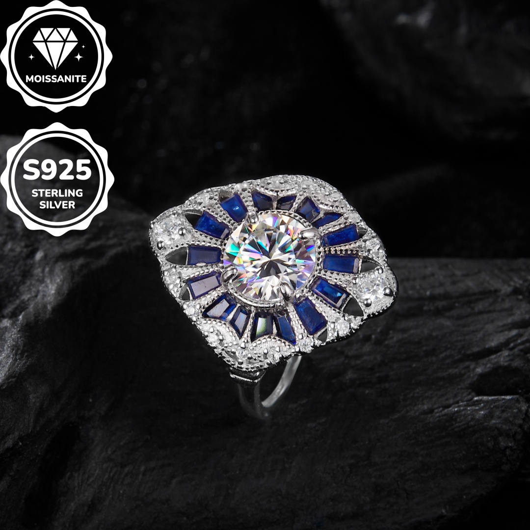 MT MT 2CT Moissanite Anniversary Ring 925 Sterling Silver Blue Sapphire 5A Cz Transparent Blue Spinel Gem Engagement Ring, Men's Women's Cou