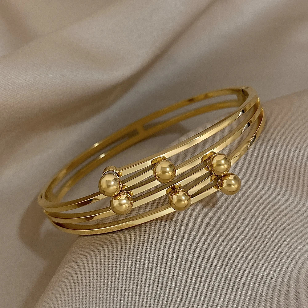 Fashion Multilayer Metal Ball Wrap Cuff Bracelet Bangle for Women Chunky Gold Plated Stainless Steel Bracelet Waterproof Jewelry 250812