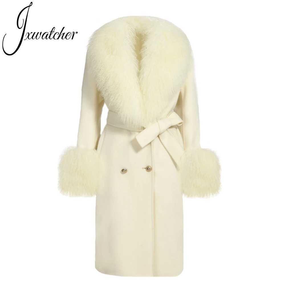 100% Cashmere Wool Coat Women Real Mongolian Sheep Fur Collar Ladies Double Faced Coats Belt Winter Fall Long Trench Jacket Z250813